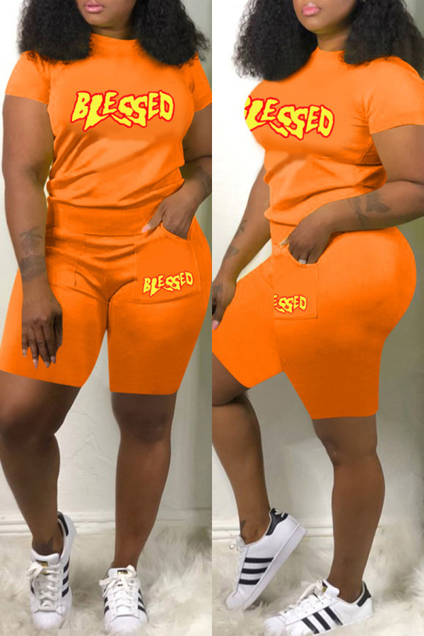 Orange Casual Letter Print Basic O Neck Short Sleeve Two Pieces