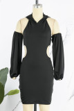 Pink Sexy Solid Patchwork Backless Hooded Collar Pencil Skirt Dresses