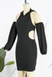 Pink Sexy Solid Patchwork Backless Hooded Collar Pencil Skirt Dresses