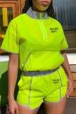 Fluorescent Green Street Print Letter Zipper Collar Short Sleeve Two Pieces