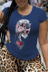 Navy Blue Casual Daily Skull Patchwork O Neck T-Shirts