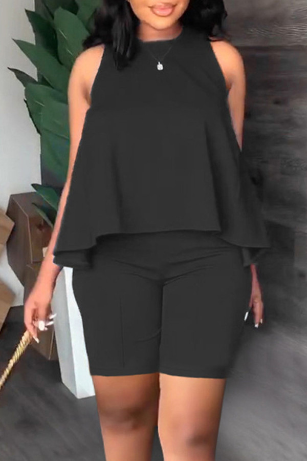 Black Casual Solid Patchwork O Neck Sleeveless Two Pieces