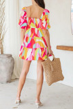 Red Sweet Print Patchwork Square Collar A Line Dresses