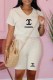 Apricot Casual Print Letter V Neck Short Sleeve Two Pieces
