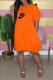 Orange Casual Print Letter O Neck Lantern Skirt Dresses