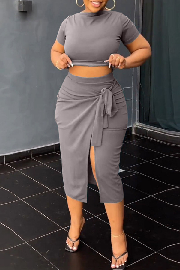 Grey Casual Solid Bandage Patchwork Slit O Neck Short Sleeve Two Pieces