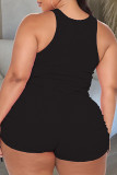 Black Casual Solid Fold O Neck Plus Size Two Pieces