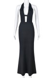 Black Sexy Solid Bandage Hollowed Out Backless Halter Long Dress Dresses