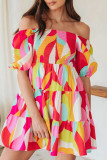 Red Sweet Print Patchwork Square Collar A Line Dresses