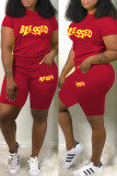 Red Casual Letter Print Basic O Neck Short Sleeve Two Pieces