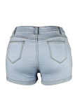 Baby Blue Casual Solid Patchwork High Waist Regular Denim Shorts