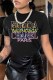 Black Casual Print Letter O Neck T-Shirts
