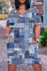 Light Blue Casual Print Patchwork Pocket V Neck Short Sleeve Dress