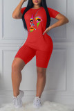 Red Casual Print Patchwork O Neck Short Sleeve Two Pieces