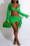 Green Sexy Solid Bandage V Neck Long Sleeve Two Pieces