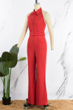 Red Elegant Solid Patchwork Buckle With Belt Turndown Collar Straight Jumpsuits