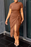 Grey Casual Solid Bandage Patchwork Slit O Neck Short Sleeve Two Pieces