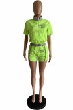 Fluorescent Green Street Print Letter Zipper Collar Short Sleeve Two Pieces