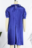 Royal Blue Casual Solid Frenulum Fold Half A Turtleneck Pleated Short Sleeve Dress