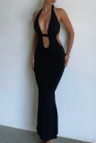 Black Sexy Solid Bandage Hollowed Out Backless Halter Long Dress Dresses