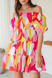 Red Sweet Print Patchwork Square Collar A Line Dresses