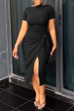 Grey Casual Solid Bandage Patchwork Slit O Neck Short Sleeve Two Pieces