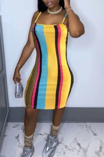 Yellow Sexy Casual Print Patchwork Backless Spaghetti Strap Sleeveless Dress Dresses