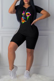 Red Casual Print Patchwork O Neck Short Sleeve Two Pieces
