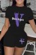 Black Casual Print Letter O Neck Short Sleeve Two Pieces
