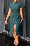 Grey Casual Solid Bandage Patchwork Slit O Neck Short Sleeve Two Pieces