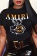 Black Casual Print Letter O Neck T-Shirts