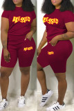 Red Casual Letter Print Basic O Neck Short Sleeve Two Pieces