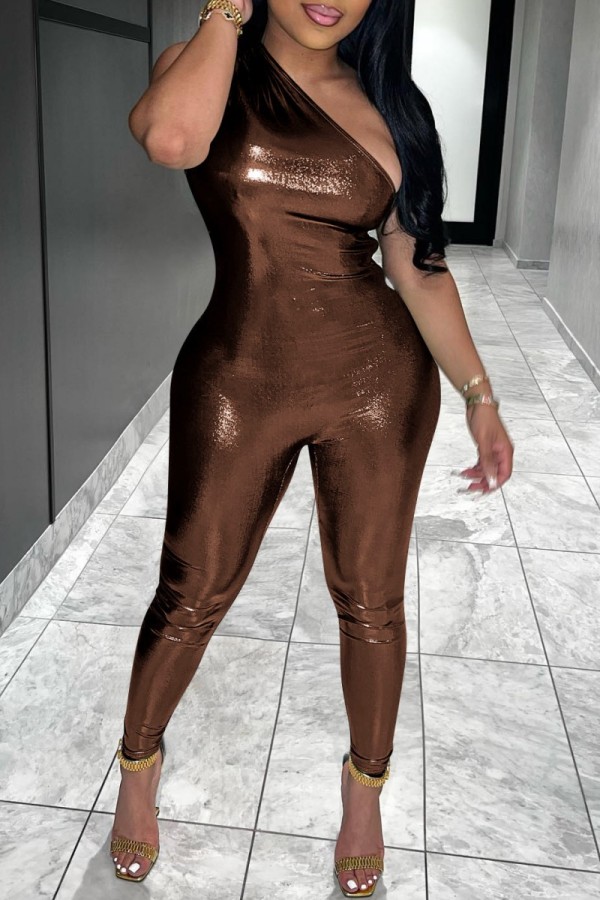 Coffee Casual Solid Backless Oblique Collar Skinny Jumpsuits