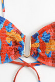 Red Blue Sexy Print Patchwork Fold Swimwears