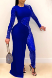 Blue Sexy Patchwork Mesh Hot Drill O Neck Irregular Dress Dresses