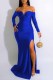 Blue Sexy Print Slit Letter V Neck Evening Dress Dresses