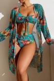 Blue Sexy Print Basic Swimsuit Three Piece Set (With Paddings)