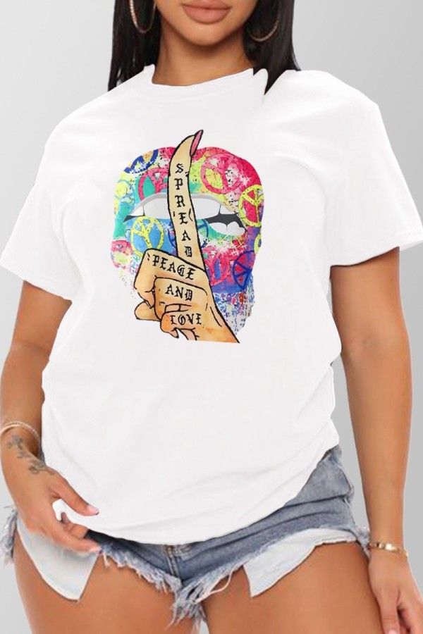 White Casual Print Basic O Neck T-Shirts