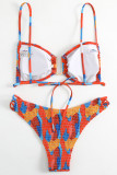 Red Blue Sexy Print Patchwork Fold Swimwears
