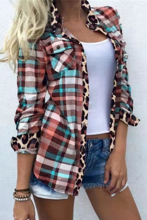 Leopard Print Casual Plaid Print Cardigan Shirt Collar Tops