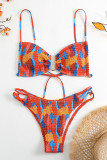 Red Blue Sexy Print Patchwork Fold Swimwears