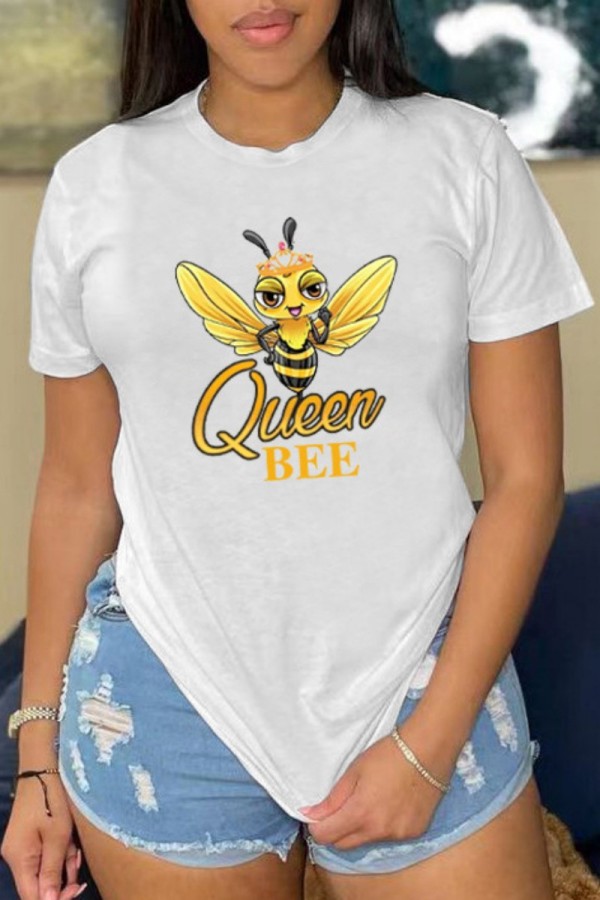 White Casual Print Basic O Neck T-Shirts