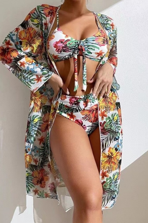 White Sexy Print Basic Swimsuit Three Piece Set (With Paddings)