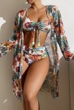 Blue Sexy Print Basic Swimsuit Three Piece Set (With Paddings)