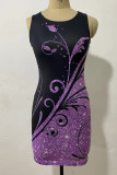 Purple Casual Print Patchwork O Neck Pencil Skirt Dresses