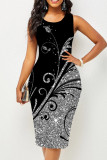 Silver Casual Print Patchwork O Neck Pencil Skirt Dresses