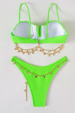 Green Sexy Solid Patchwork Metal Accessories Decoration Swimwears
