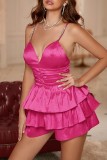 Rose Red Sexy Solid Patchwork Backless V Neck Regular Romper