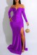 Purple Sexy Print Slit Letter V Neck Evening Dress Dresses