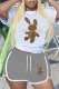 Grey Sportswear Print Letter O Neck Short Sleeve Two Pieces